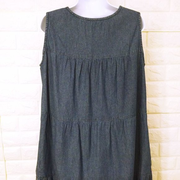 Vintage 90s Denim Jumper Pinafore Dress -M Embroidered Floral Pockets Lace Trim - Picture 9 of 9